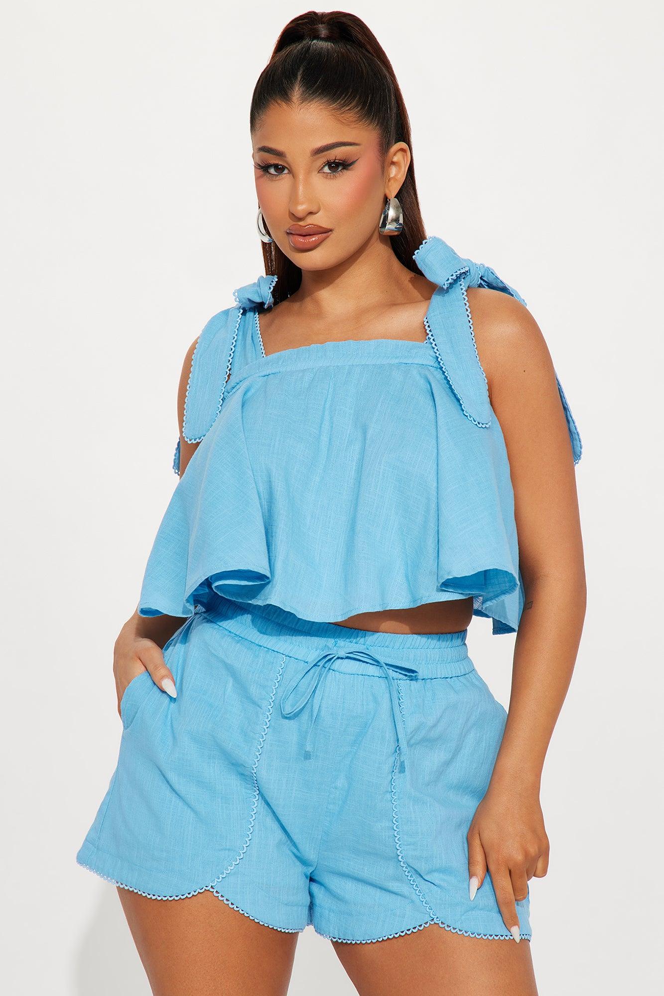 Sweet As Can Be Linen Short Set - Blue Product Image