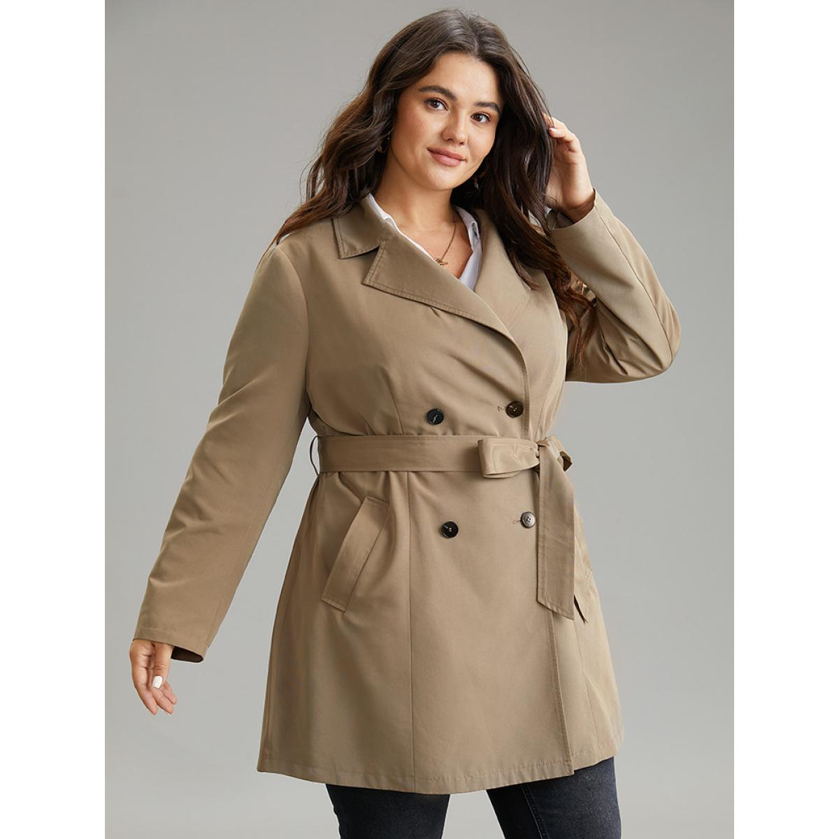 Plus Size Plain Double Breasted Belted Lapel Collar Coat Women LightBrown Casual Plain Ladies Dailywear Winter Coats BloomChic 28/5X Product Image