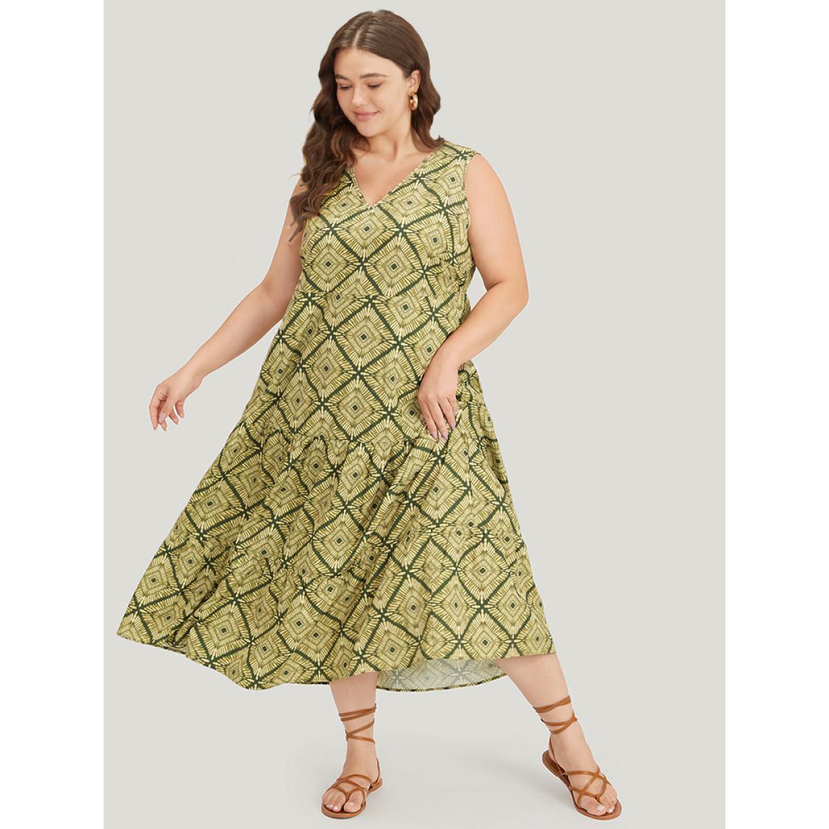 Plus Size Geometric Print Pocket Tank V Neck Dress Moss Women Vacation Printed V-neck Sleeveless Curvy Midi Dress BloomChic 14-16/1X Product Image