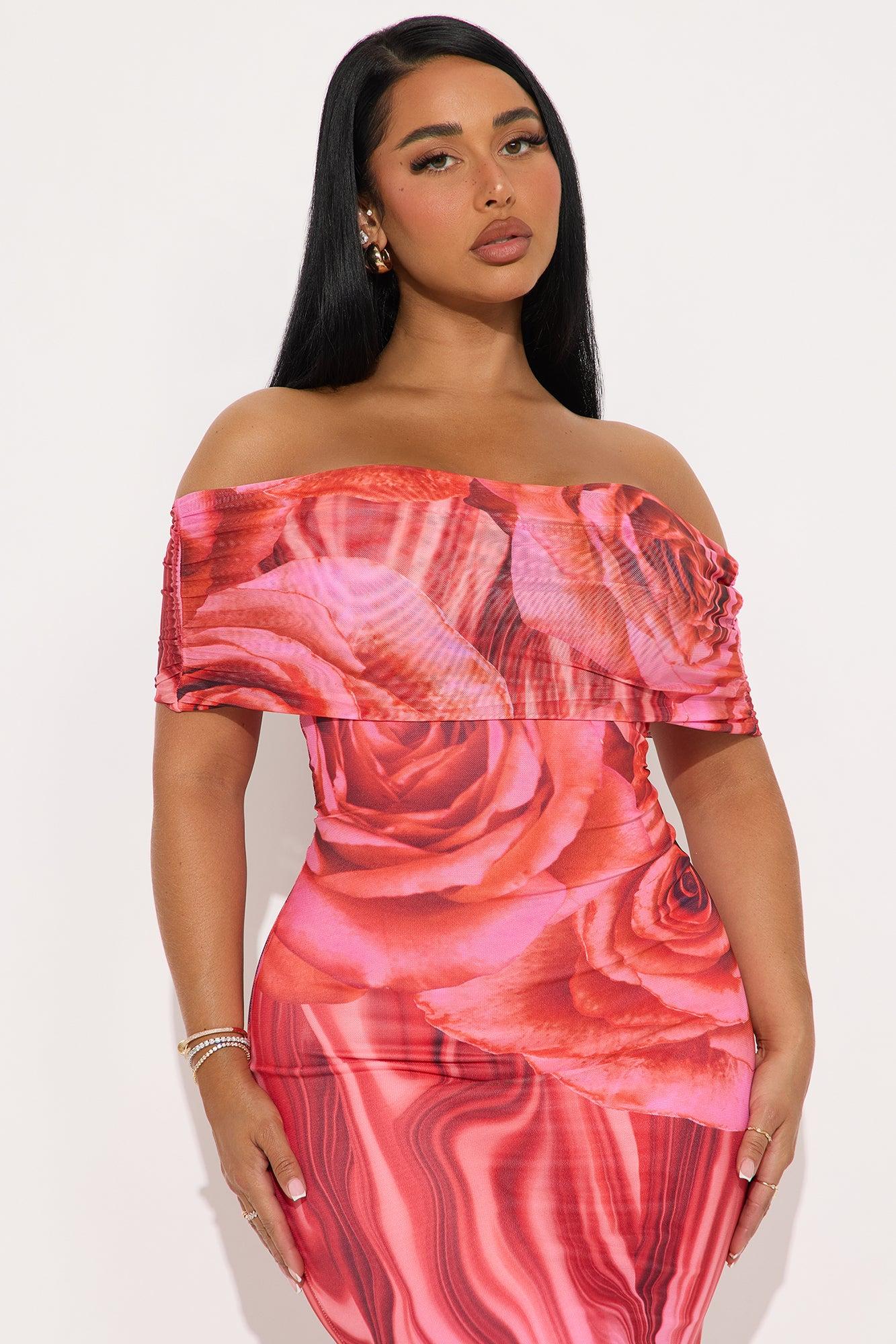 Rosey Mesh Floral Midi Dress - Pink Female Product Image