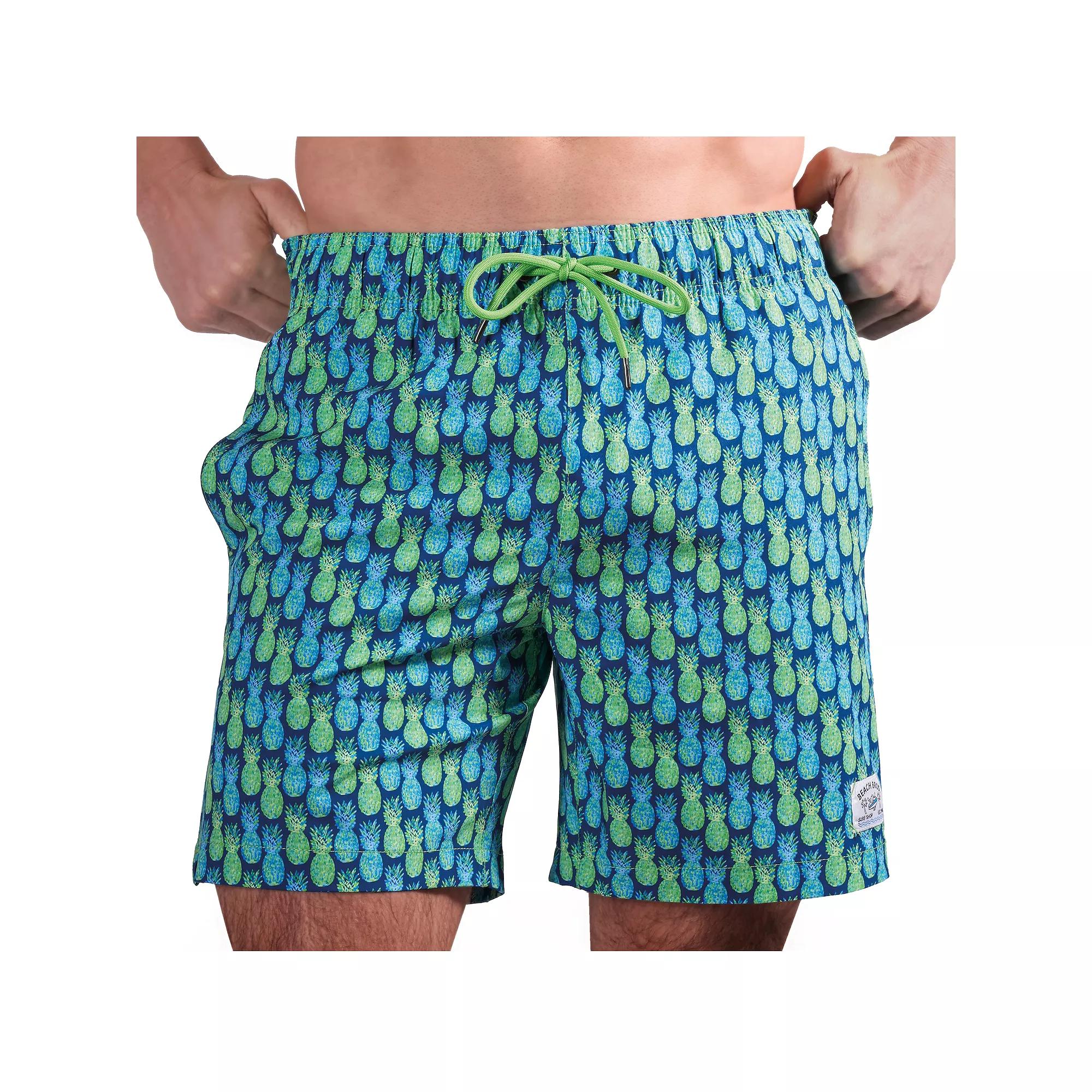 Men's Beach Bros 6.5-Inch Blue & Green Pineapple Print 4-Way Stretch Mesh Lined Swim Trunks, Size: Medium, Blue Green Product Image