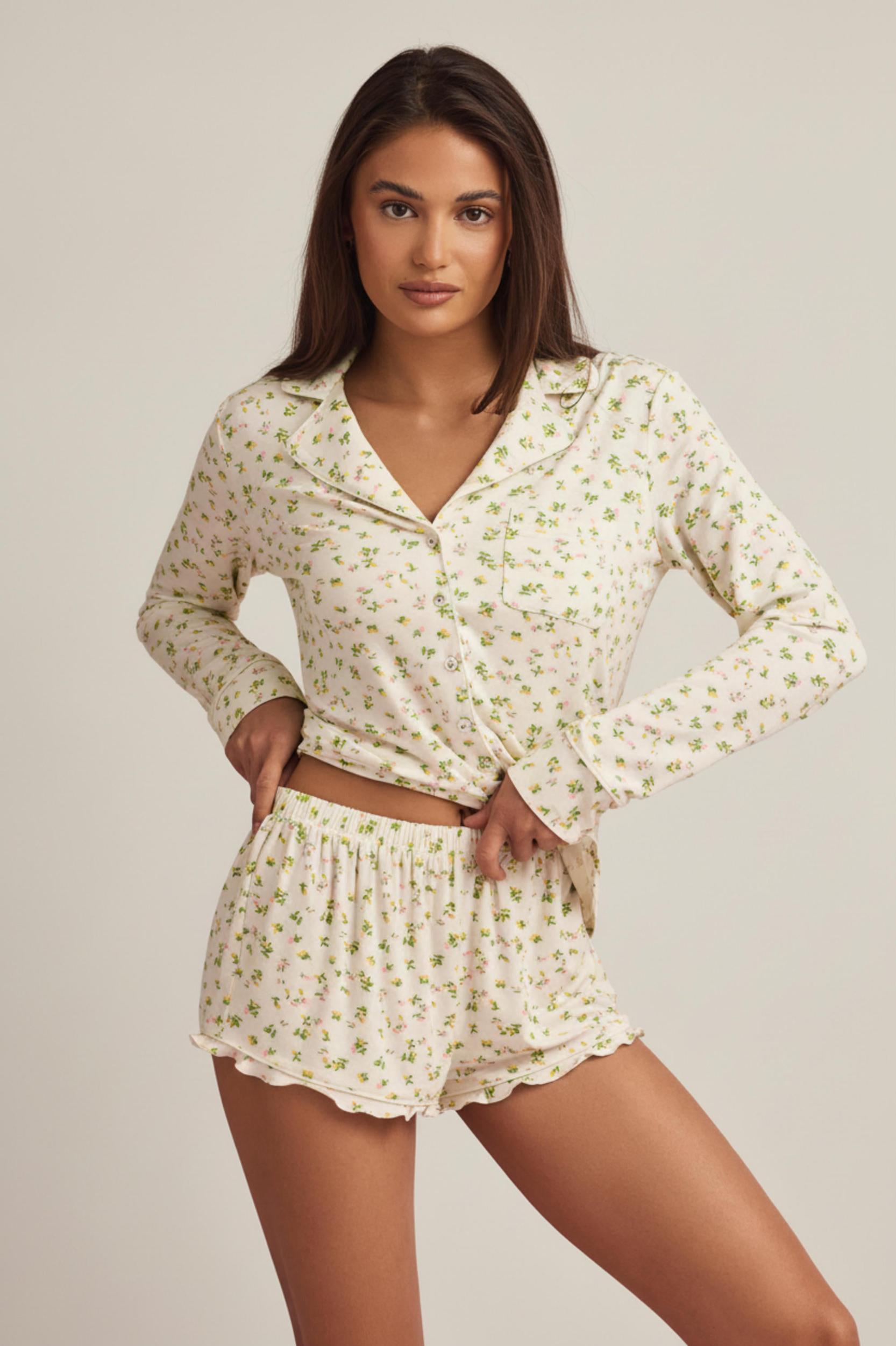 Modal Ruffle-Trim Pyjama Shorts in Lemon Print Product Image