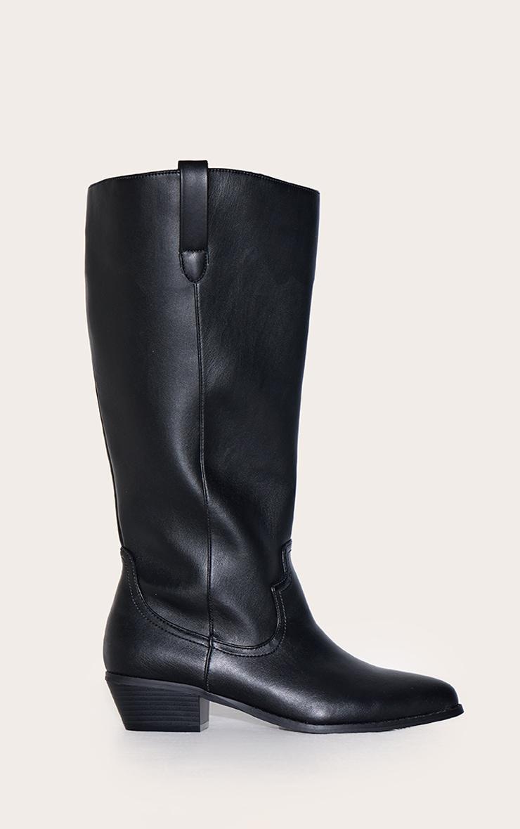 Black PU Wide Fit Point Toe Knee High Western Boots Product Image