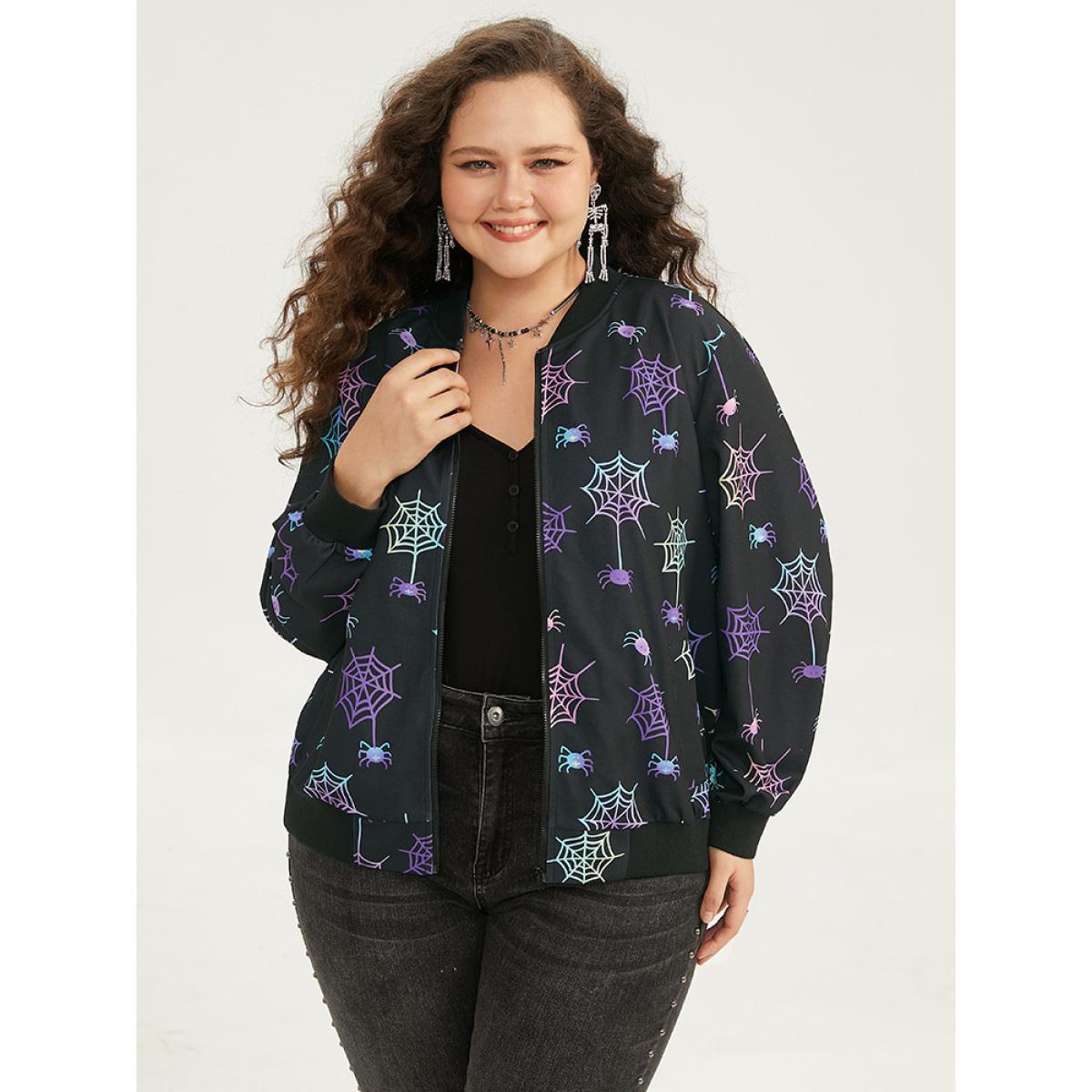 Plus Size Halloween Spider Web Zipper Pocket Jacket Women Black Elastic cuffs Pocket Dailywear Jackets BloomChic 28/5X Product Image
