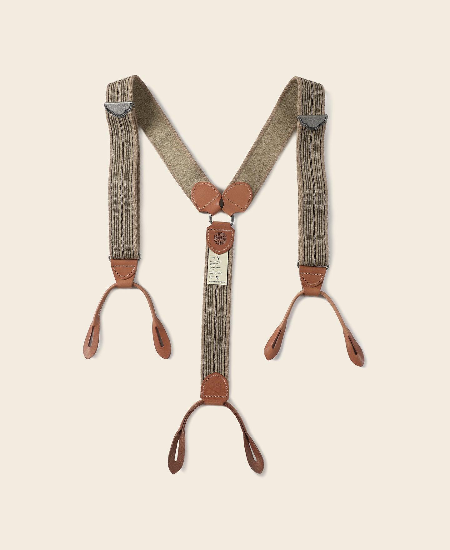Old-Time Y-Back Leather Button Suspenders - Khaki Stripe Product Image