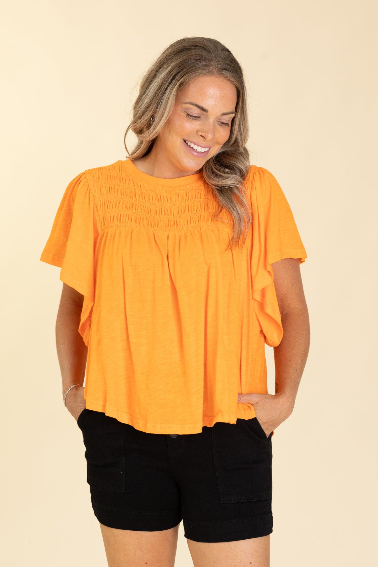 Orange Smocking Detail Flutter Sleeve Knit Top Product Image