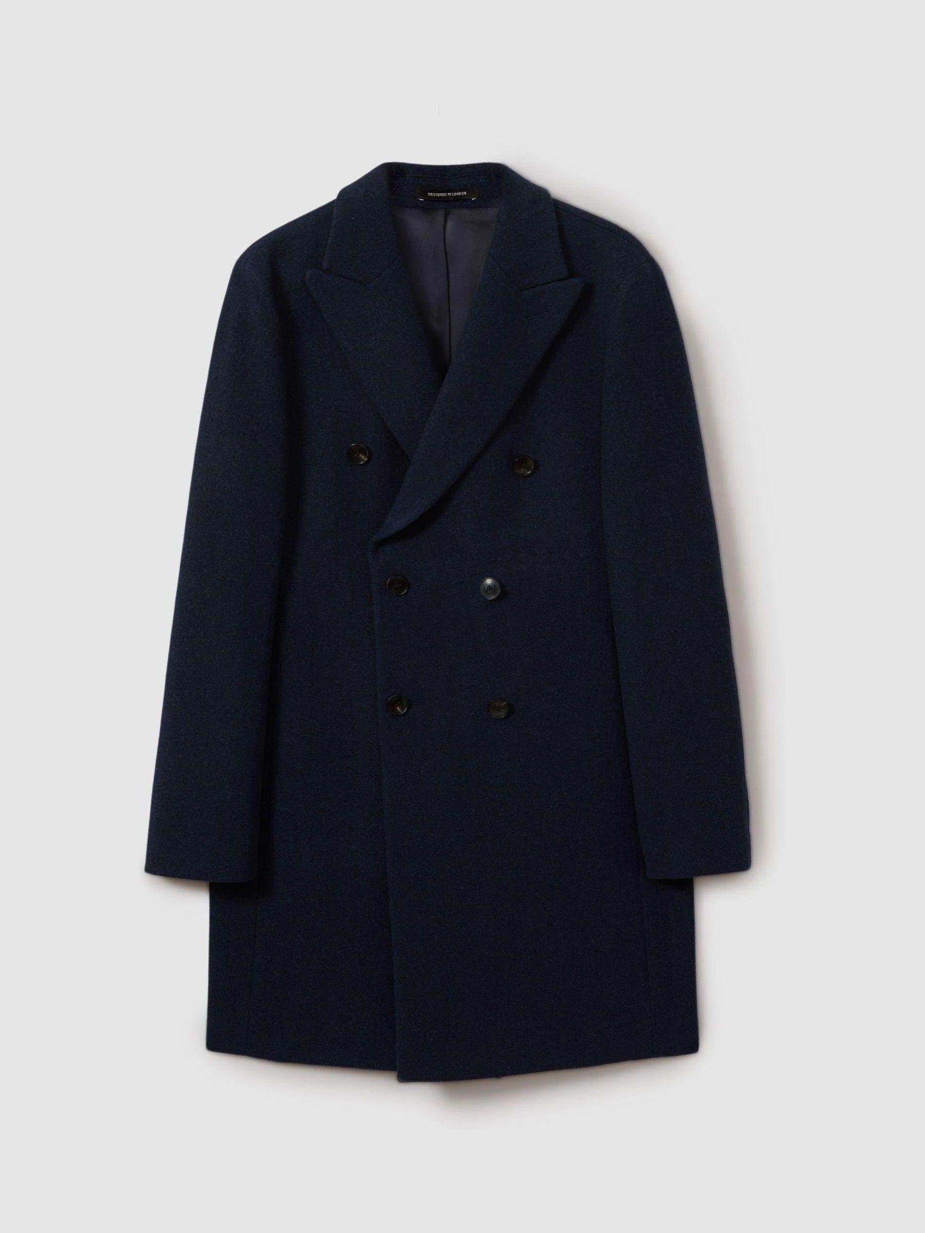 Wool Blend Herringbone Twill Overcoat in Navy Herringbone Product Image