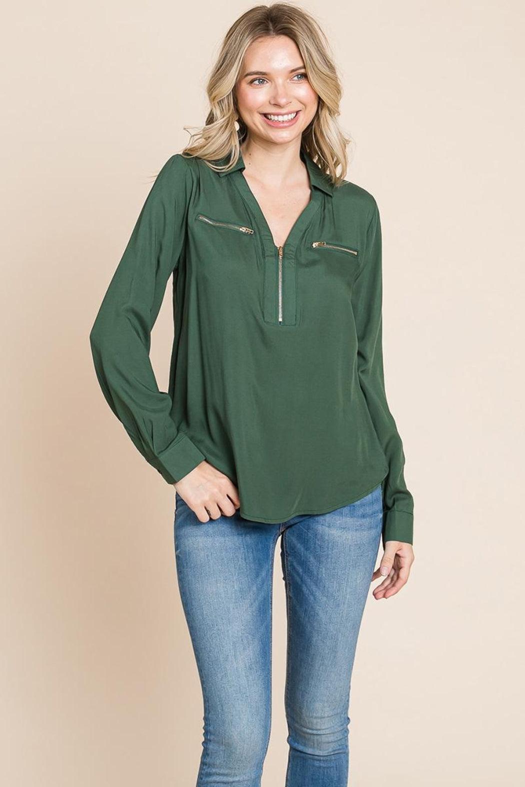 V Neck Front Zip Up Long Sleeve Top Product Image