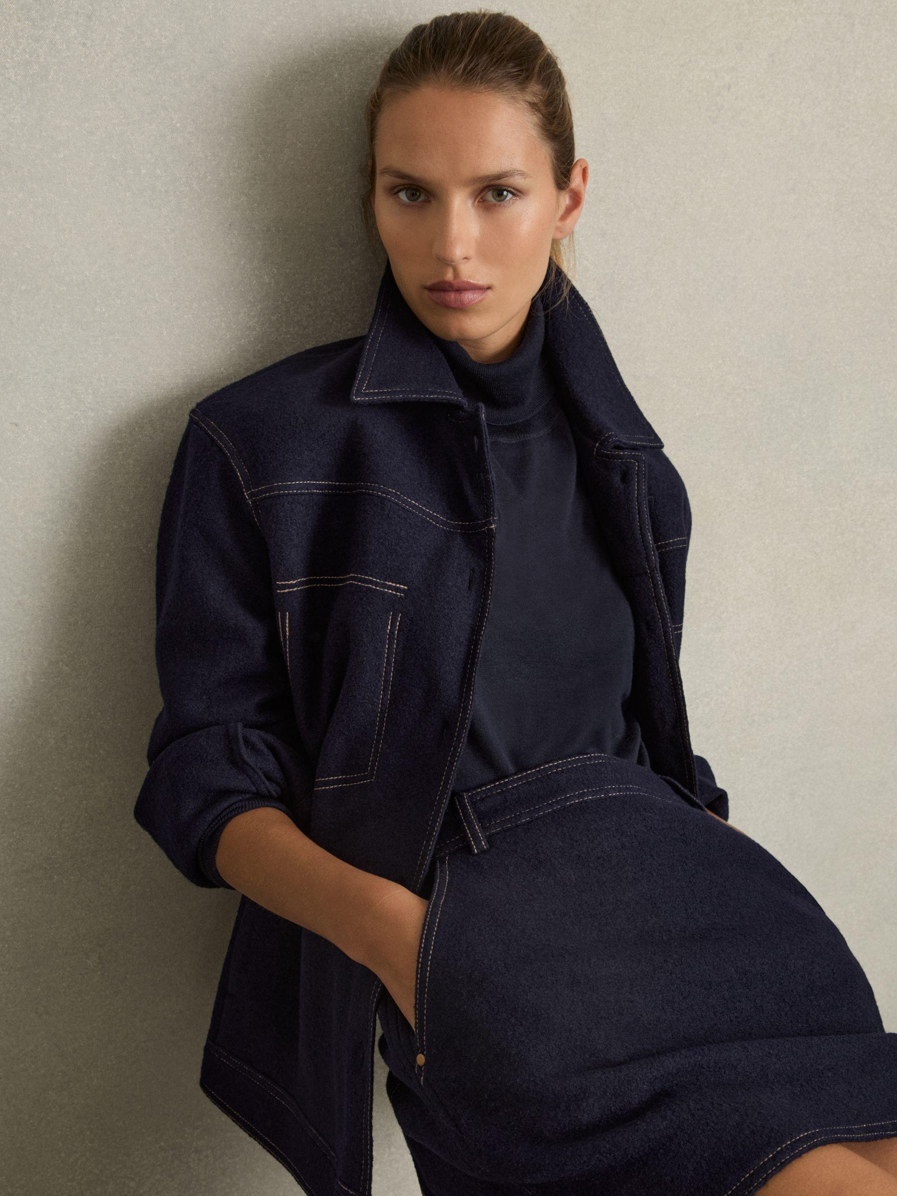 Wool-Blend Topstitch Woven Shirt in Navy Product Image