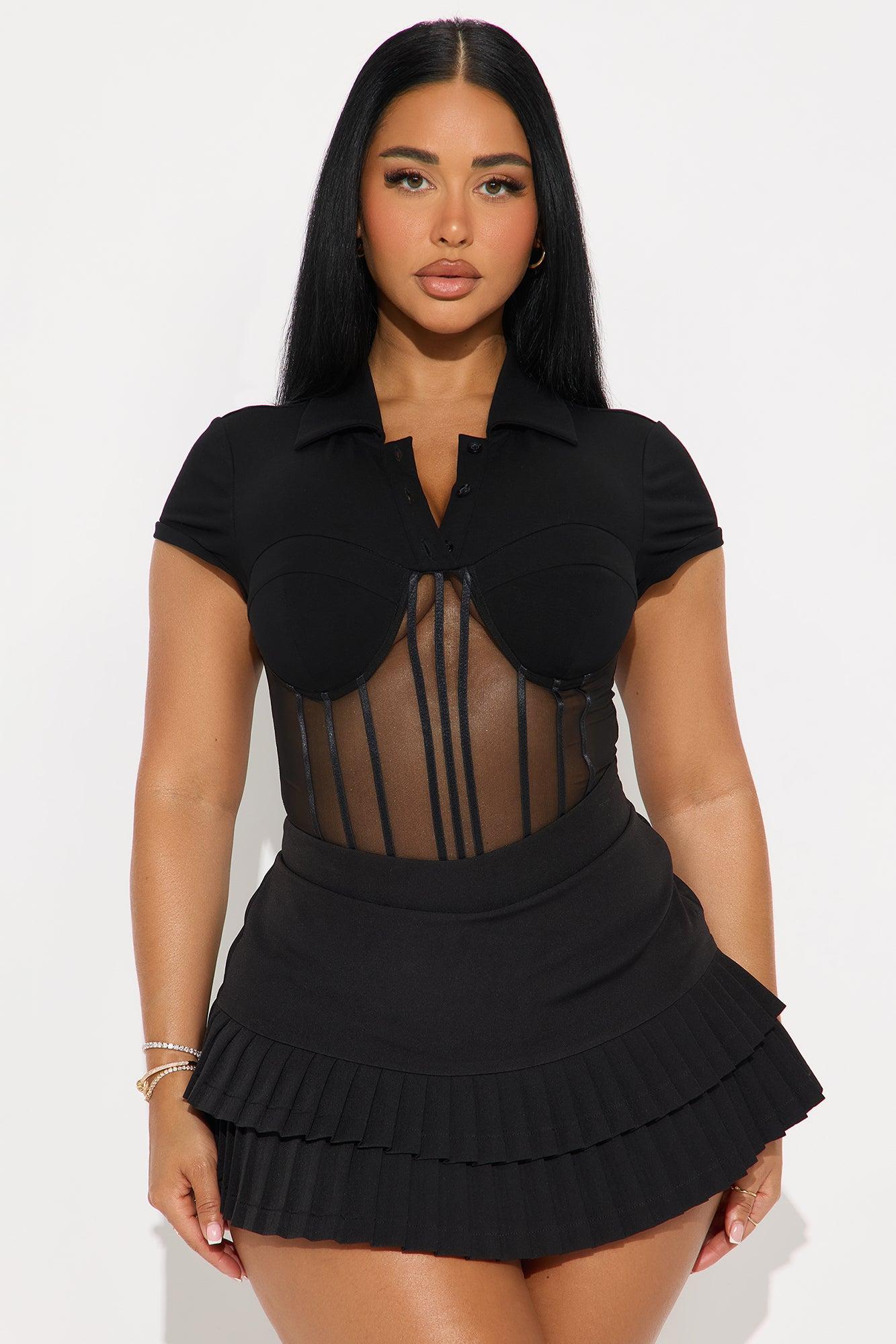 New Pick Collared Short Sleeve Corset Bodysuit - Black Female Product Image