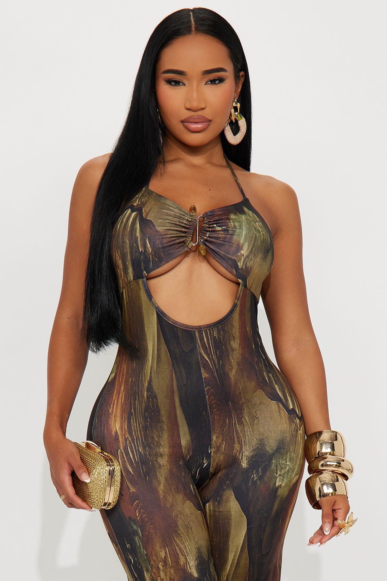 Geneva Halter Wide Leg Jumpsuit - Olive/combo Female Product Image