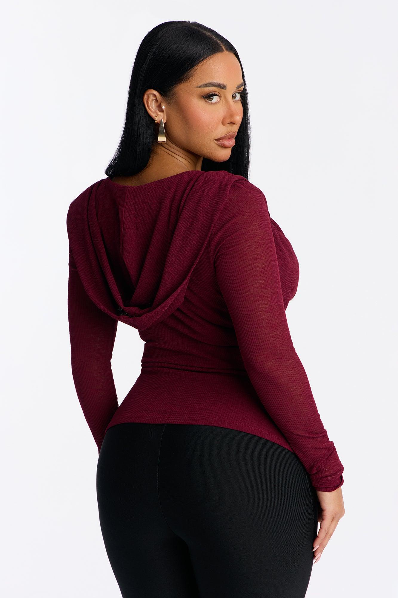 Aisha Cowl Neck Hooded Long Sleeve Top - Burgundy Female Product Image