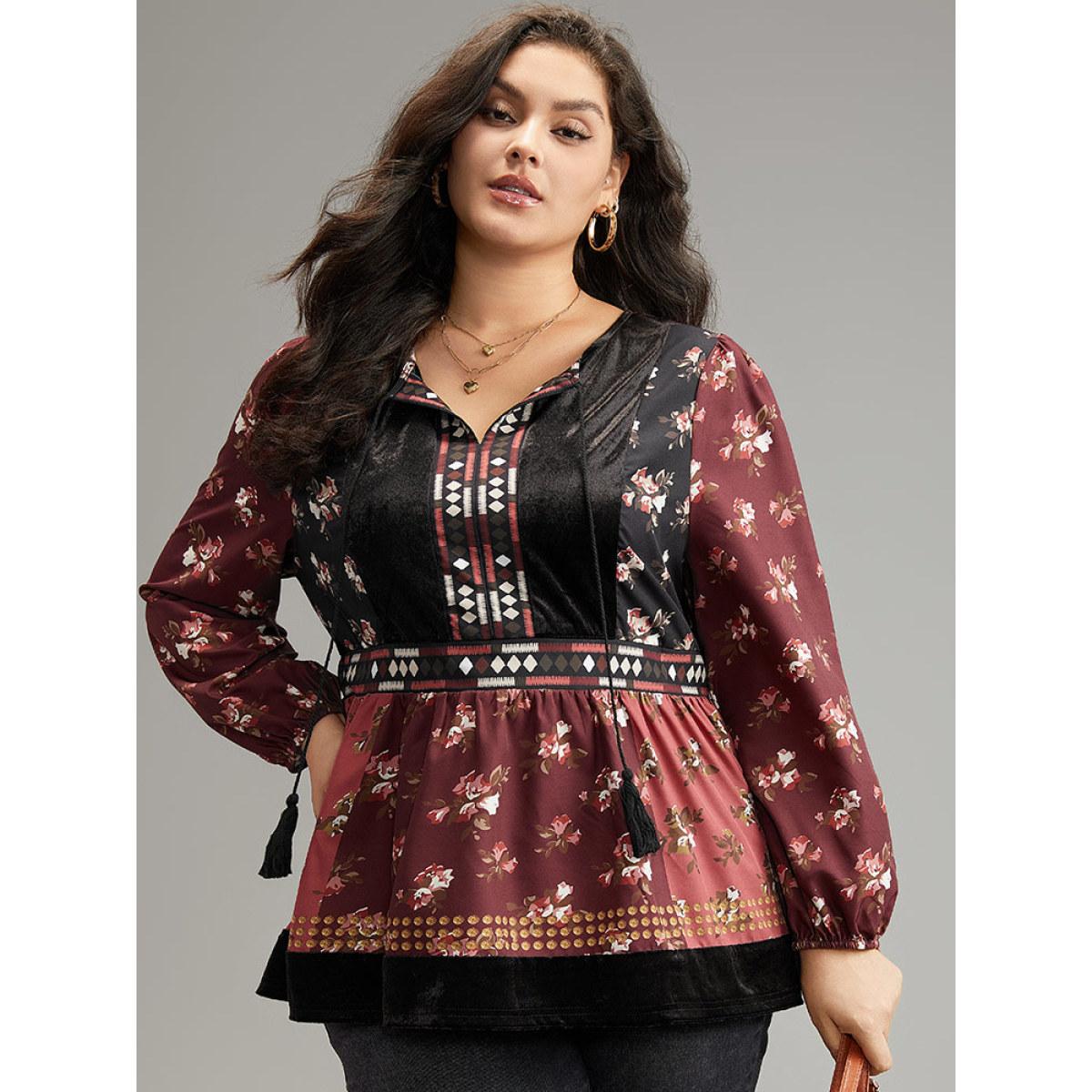 Plus Size Scarlet Velvet Floral Contrast Knot Neck Tassel Blouse Women Vacation Long Sleeve Tie Neck Dailywear Blouses BloomChic 14-16/1X Product Image