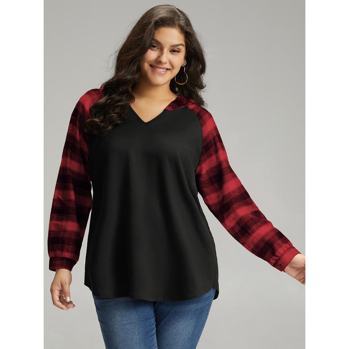 Plus Size Plaid Print Hooded Patchwork Sweatshirt Women Red Casual Patchwork Hooded Everyday Sweatshirts BloomChic 10/M Product Image