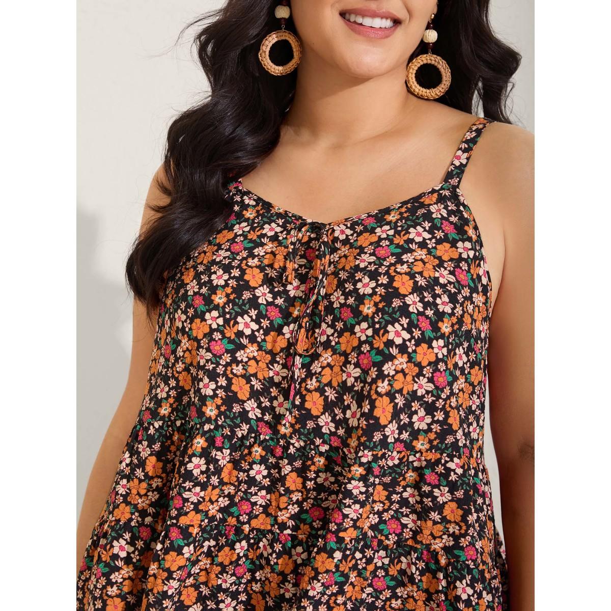 Plus Size Ditsy Floral Print Cami Tiered Tank Top Women BlackFlower Boho Tie knot Non Vacation Tank Tops Camis BloomChic 18-20/2X Product Image