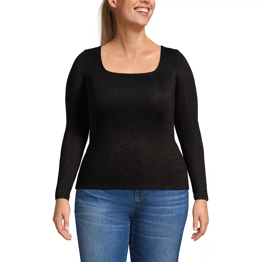 Plus Size Lands' End Long Sleeve Rib Squareneck Tee, Women's, Size: 3XL, Black Shine Product Image
