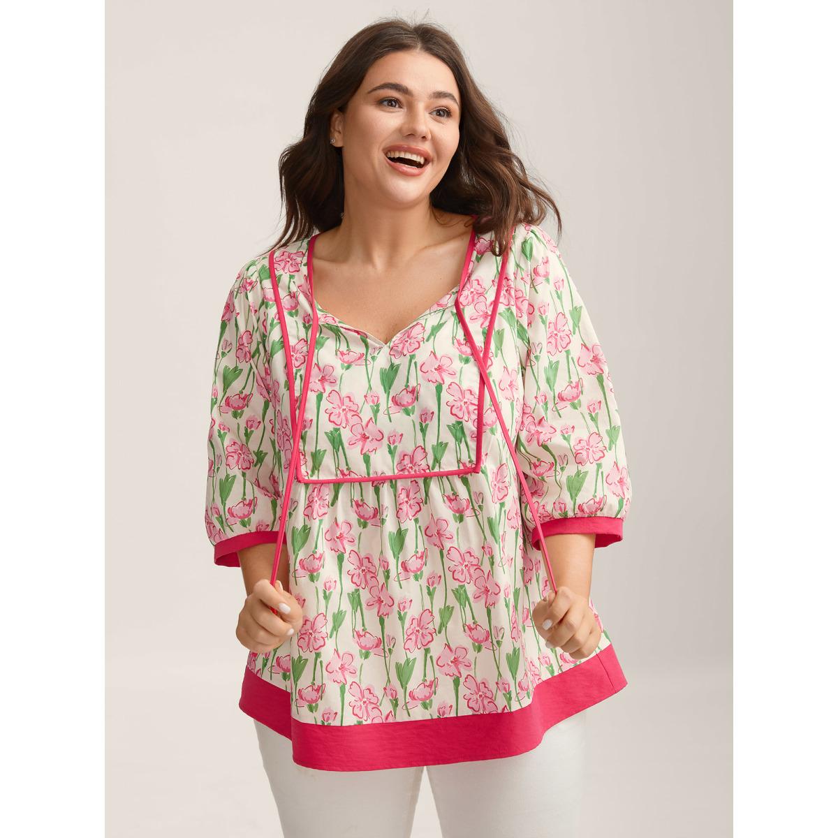Plus Size Multicolor Blushing Floral Print Seamed Contrast Blouse Women Elbow-length sleeve V-neck Everyday-Casual Blouses BloomChic 26/4X Product Image