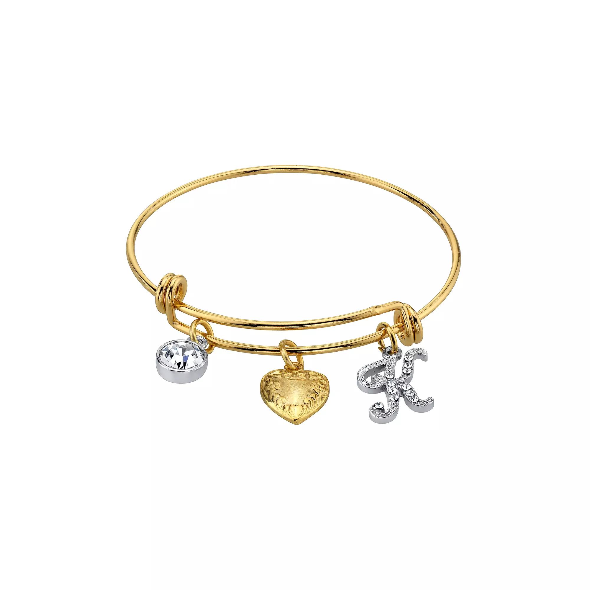 1928 Two Tone Crystal, Heart & Initial Charm Bangle Bracelet, Womens Product Image