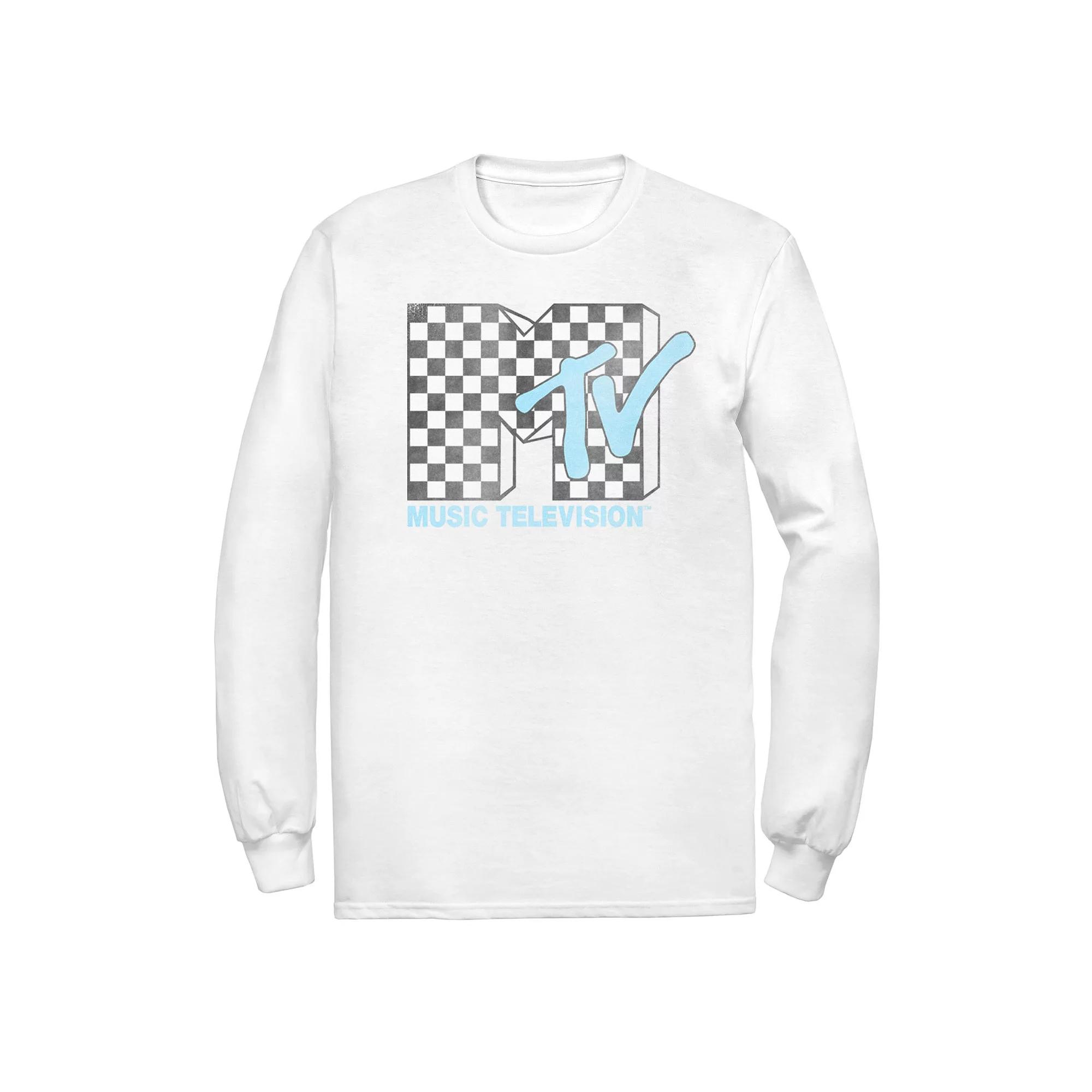 Men's MTV Logo Black And White Checkered Blue TV Tee,  Product Image