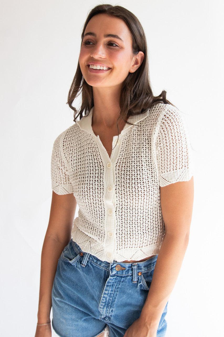Short Sleeve Collared Crochet Cardigan Product Image