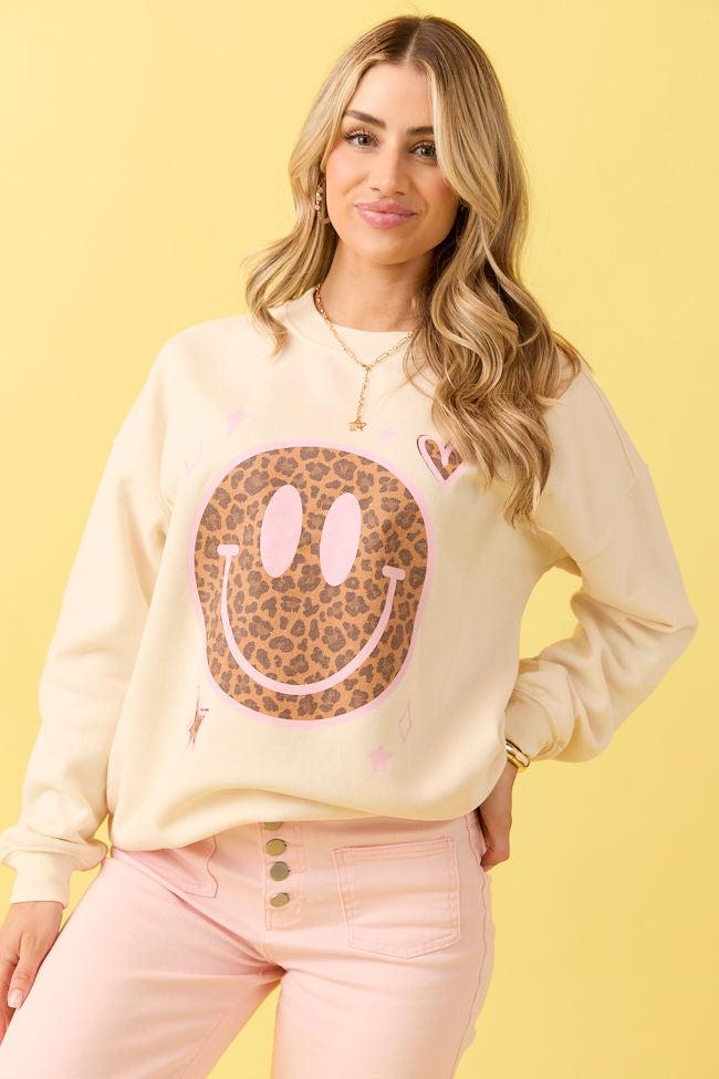 Leopard Smiley Face Cream Graphic Sweatshirt Product Image