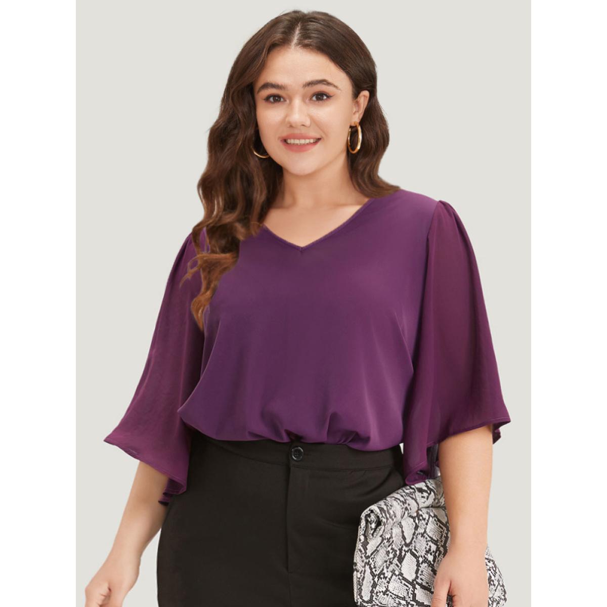 Plus Size Purple Anti-Wrinkle Plain V Neck Mesh Patchwork Flutter Sleeve Blouse Women Office Half Sleeve V-neck Office Blouses BloomChic 10/M Product Image