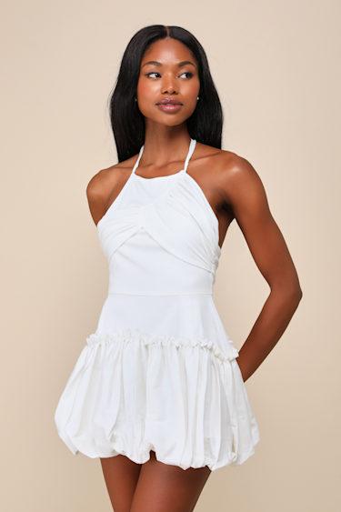 County Ivory Ruffled Knit Halter Bubble-Hem Mini Dress Product Image