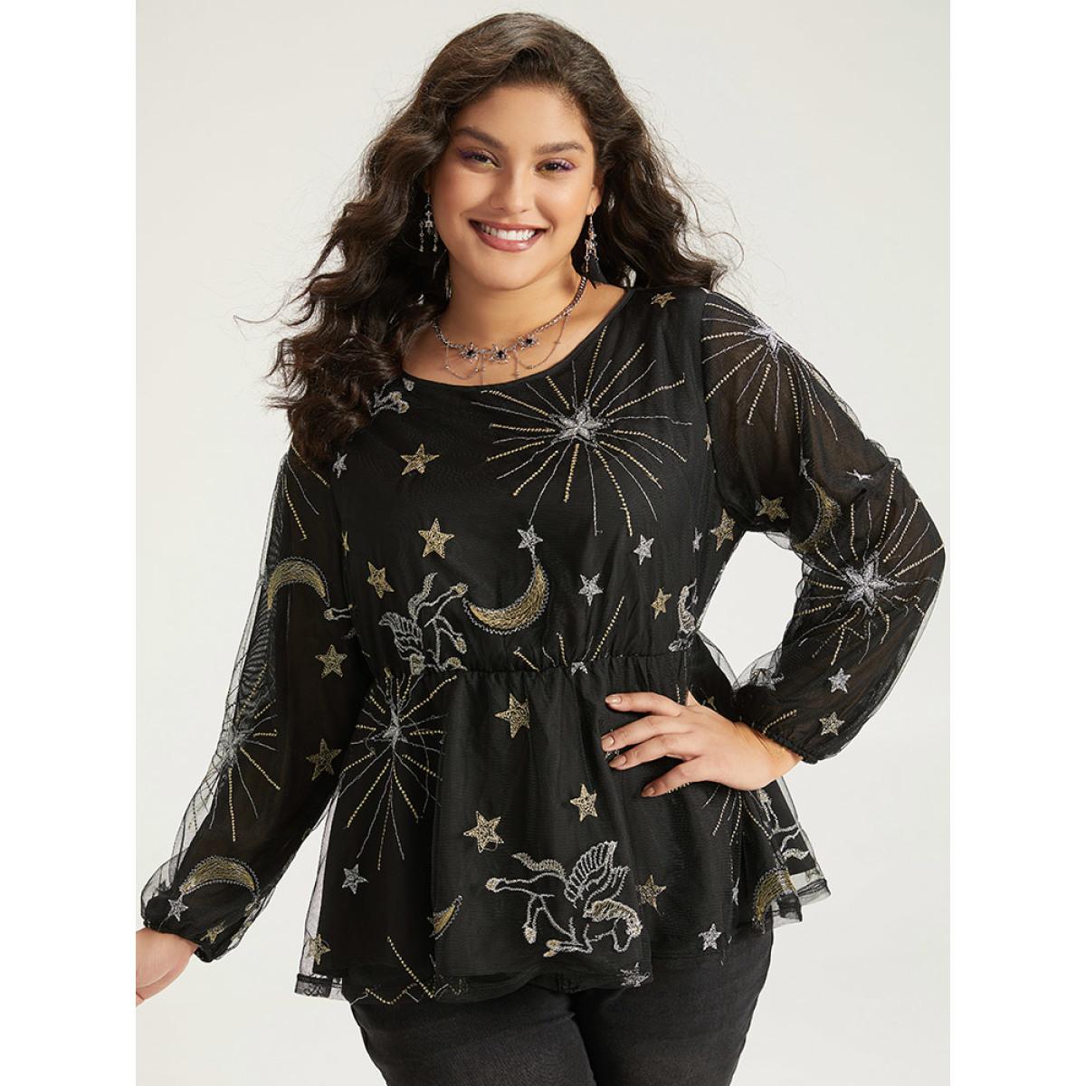Plus Size Black Halloween Star Elastic Waist Mesh Patchwork Lantern Sleeve Blouses Women Elegant Long Sleeve Round Neck Festival-Halloween Blouses BloomChic 10/M Product Image