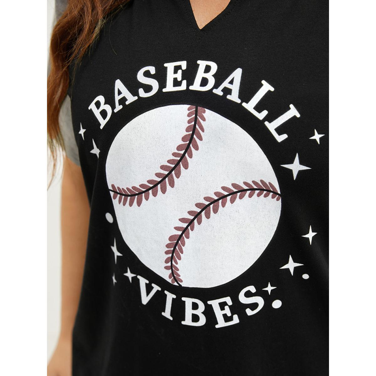 Plus Size Letter & Leaf Print Contrast Notched Neck T-shirt Black Women Casual Contrast Graphic Dailywear T-shirts BloomChic 22-24/3X Product Image