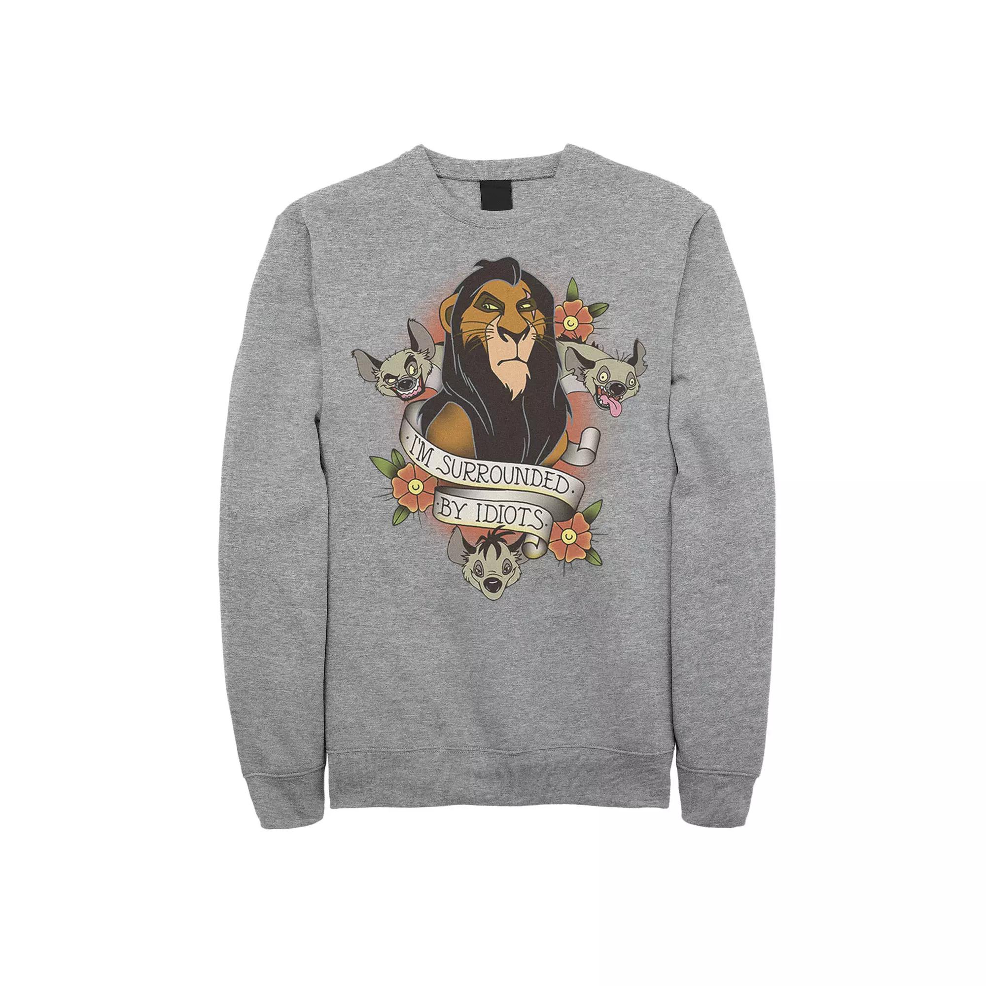 Disney's The Lion King Men's Scar With Hyenas Surrounded By Idiots Graphic Fleece Pullover, Size: Medium, Athletic Grey Product Image