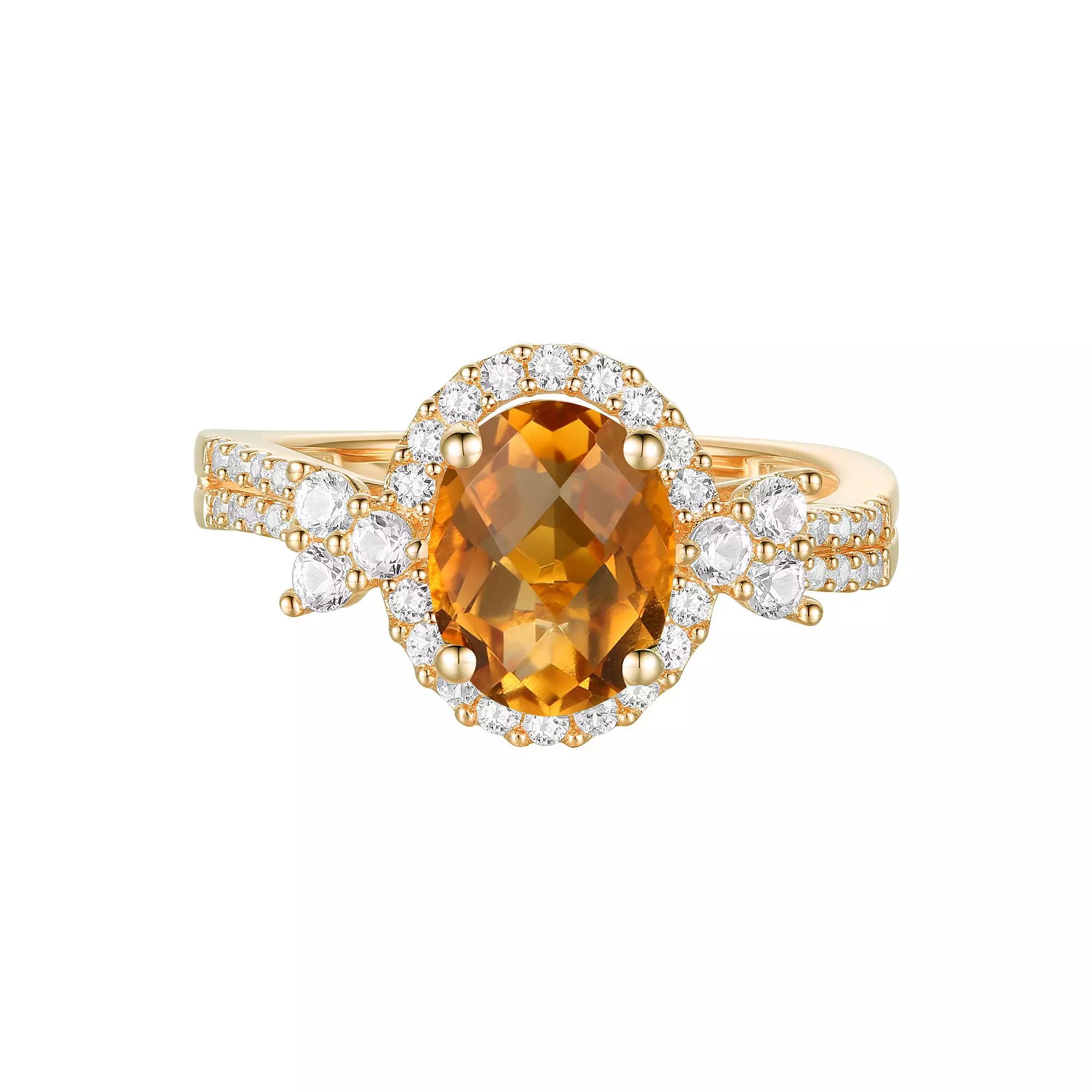 14k Gold Over Silver Oval-Cut Citrine & Lab-Created White Sapphire Halo Ring, Women's, Size: 7, Gold Tone Product Image