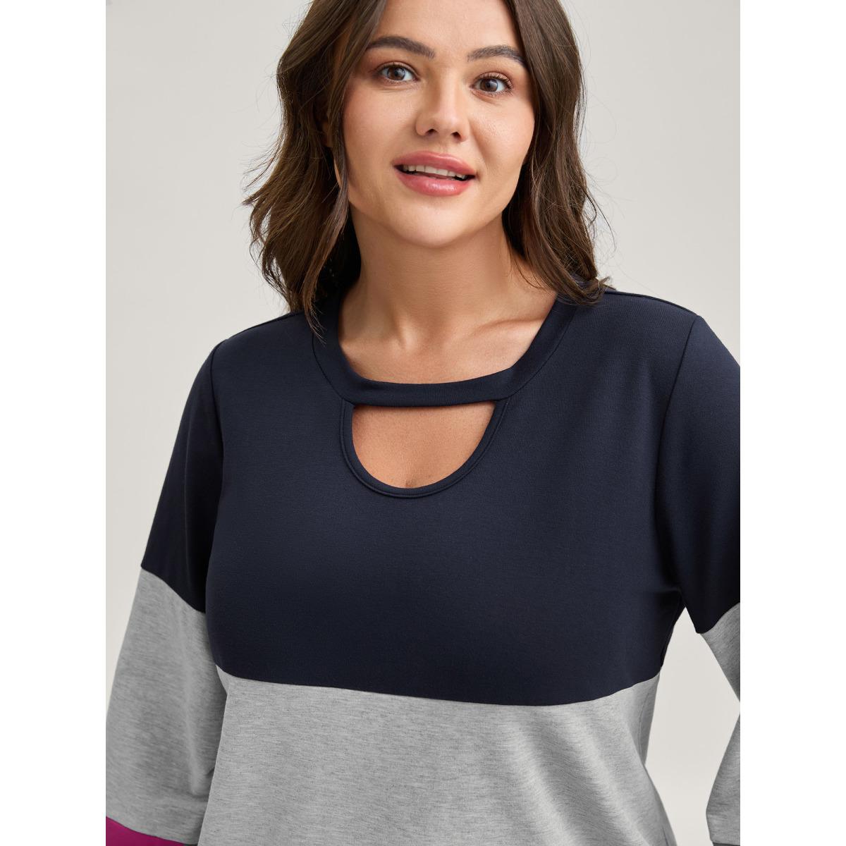Plus Size Supersoft Color Block Neck Cut-Out Sweatshirt Women Indigo Leisure Round Neck Casual Sweatshirts BloomChic 10/M Product Image