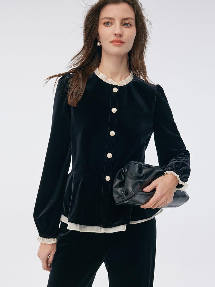 Velvet Ruffle Hem Jacket And Pants Two-Piece Set Product Image