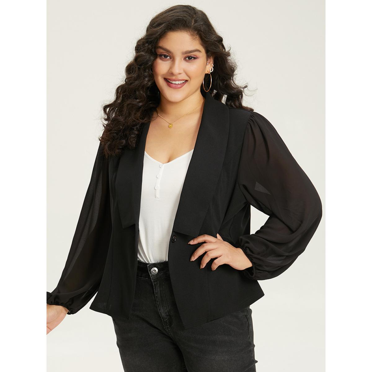 Plus Size Solid Suit Collar Gathered Blazer Black Women Dailywear Plain Elastic cuffs Sleeve Long Sleeve Suit Collar 22-24/3X Casual Blazers BloomChic Product Image