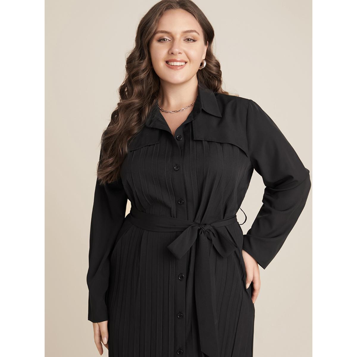 Plus Size Solid Belted Pleated Shirt Collar Dress Black Women Office Belted Shirt collar Long Sleeve Curvy Midi Dress BloomChic 18-20/2X Product Image