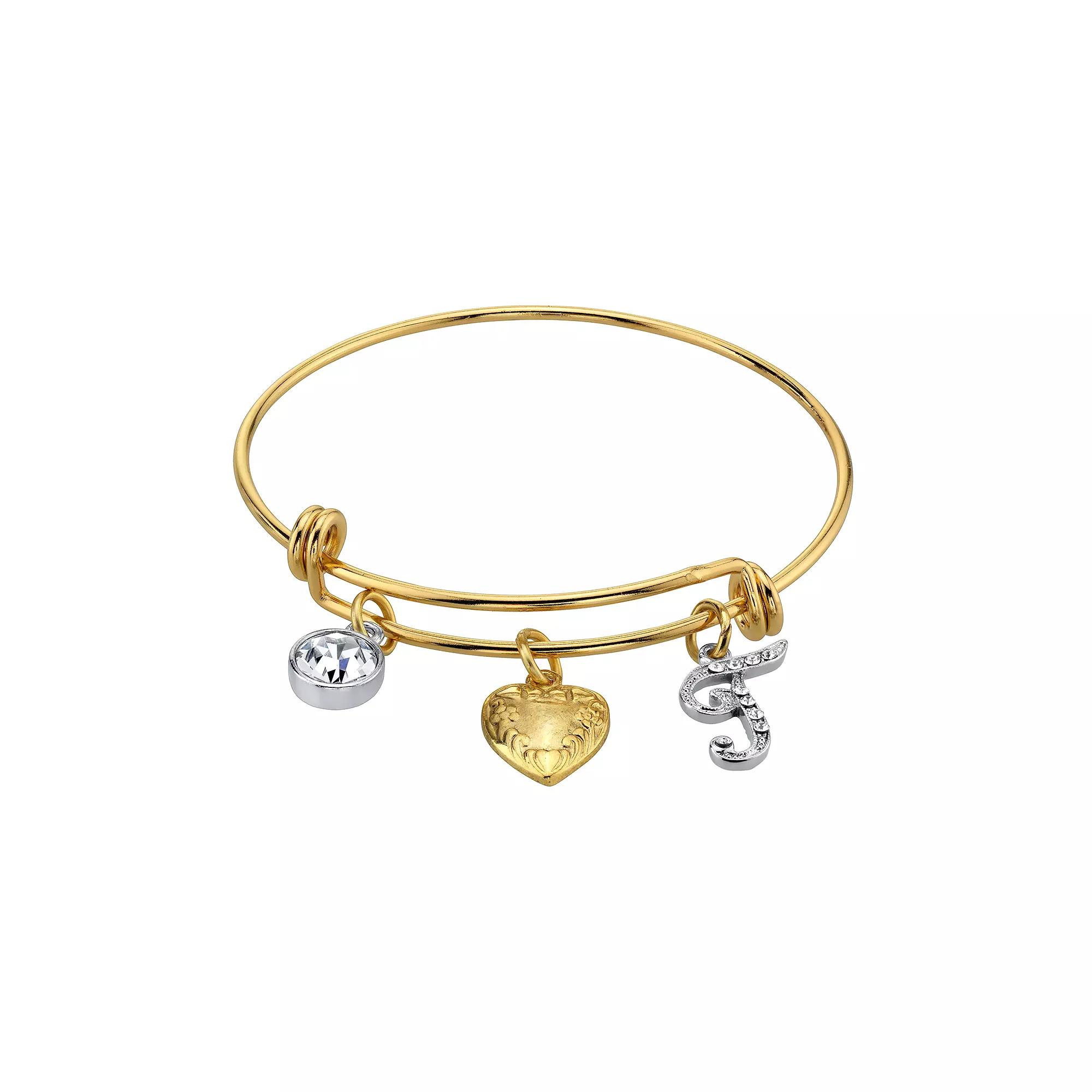 1928 Two Tone Crystal, Heart & Initial Charm Bangle Bracelet, Womens Product Image