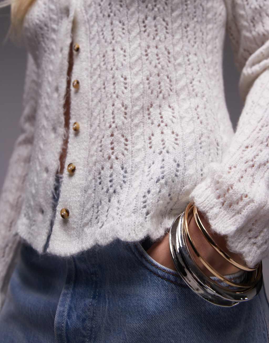 Topshop knit pointelle cardigan in ivory Product Image