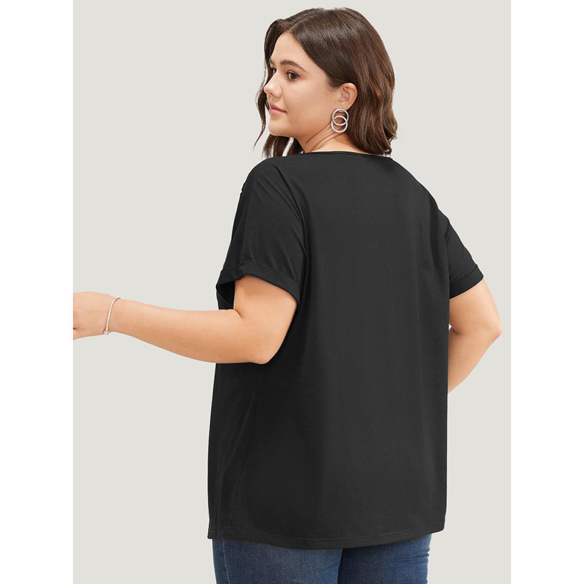 Plus Size Solid Roll Batwing Sleeve Laser Cut T-shirt Black Women Elegant Plain Round Neck Dailywear T-shirts BloomChic 12/L Product Image