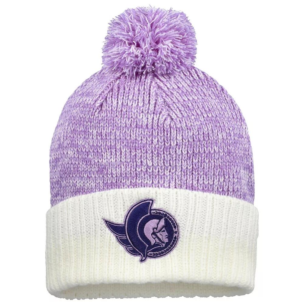 Men's Fanatics Lavender/White Ottawa Senators Hockey Fights Cancer Cuffed Knit Hat with Pom, Sen Team Product Image