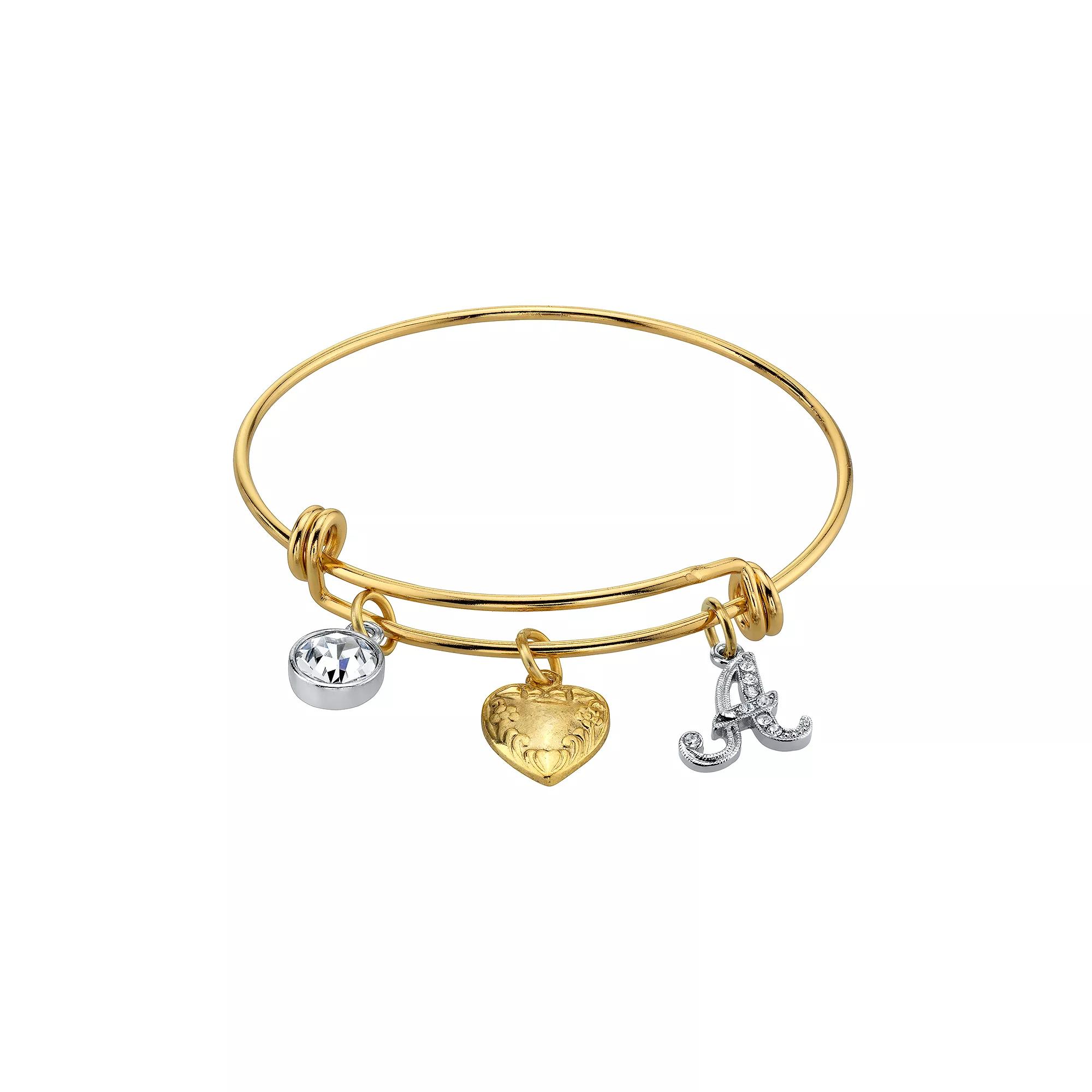 1928 Two Tone Crystal, Heart & Initial Charm Bangle Bracelet, Womens Product Image