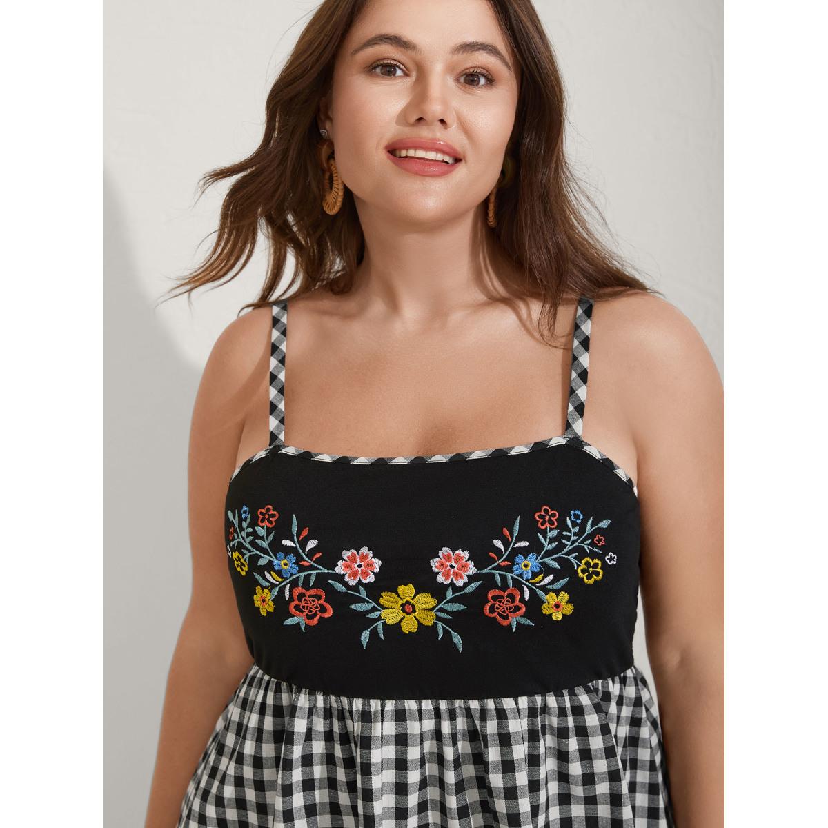 Plus Size Floral Embroidered Plaid Shirred Tank Top Women Black Boho Gathered Non Vacation Tank Tops Camis BloomChic 12/L Product Image