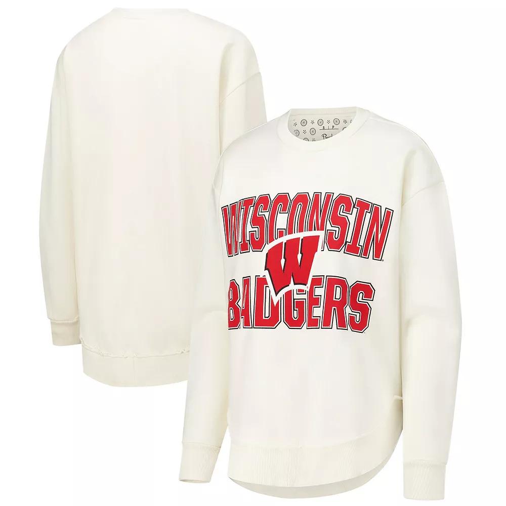 Women's Pressbox  Cream Wisconsin Badgers Poncho Fleece Crew Sweatshirt, Size: Medium, Beige Product Image