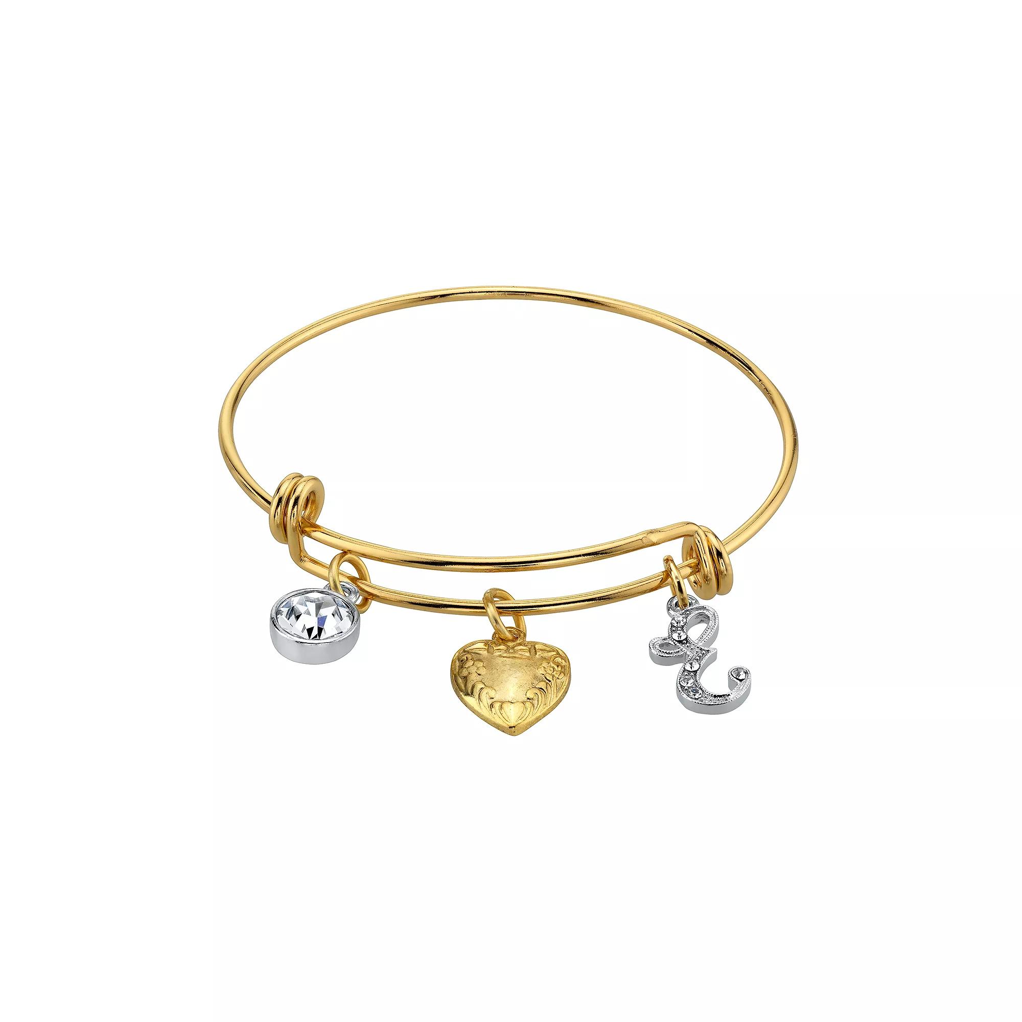 1928 Two Tone Crystal, Heart & Initial Charm Bangle Bracelet, Womens Product Image
