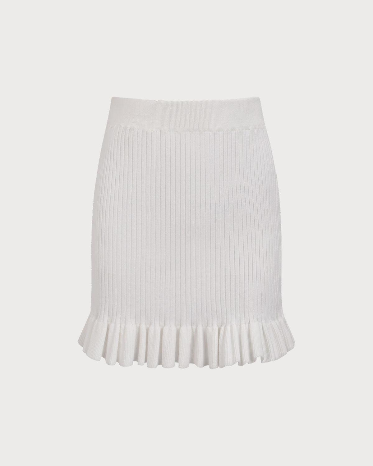 Women's White Ruffle Straight Knit Mini Skirt Female Product Image