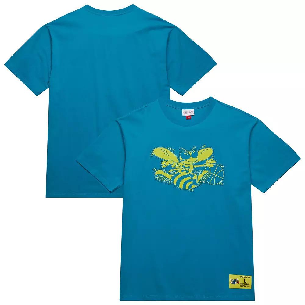 Men's Mitchell & Ness Teal Charlotte Hornets Hardwood Classics Neon Nights Premium T-Shirt,  Product Image