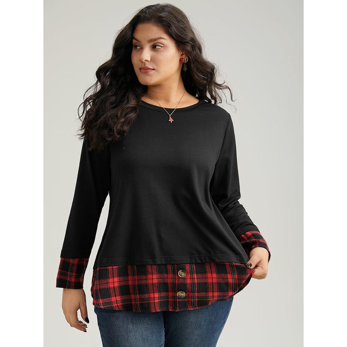 Plus Size PU Leather Patchwork Crew Neck Sweatshirt Women Scarlet Elegant Plain Round Neck Dailywear Sweatshirts BloomChic 30/6X Product Image