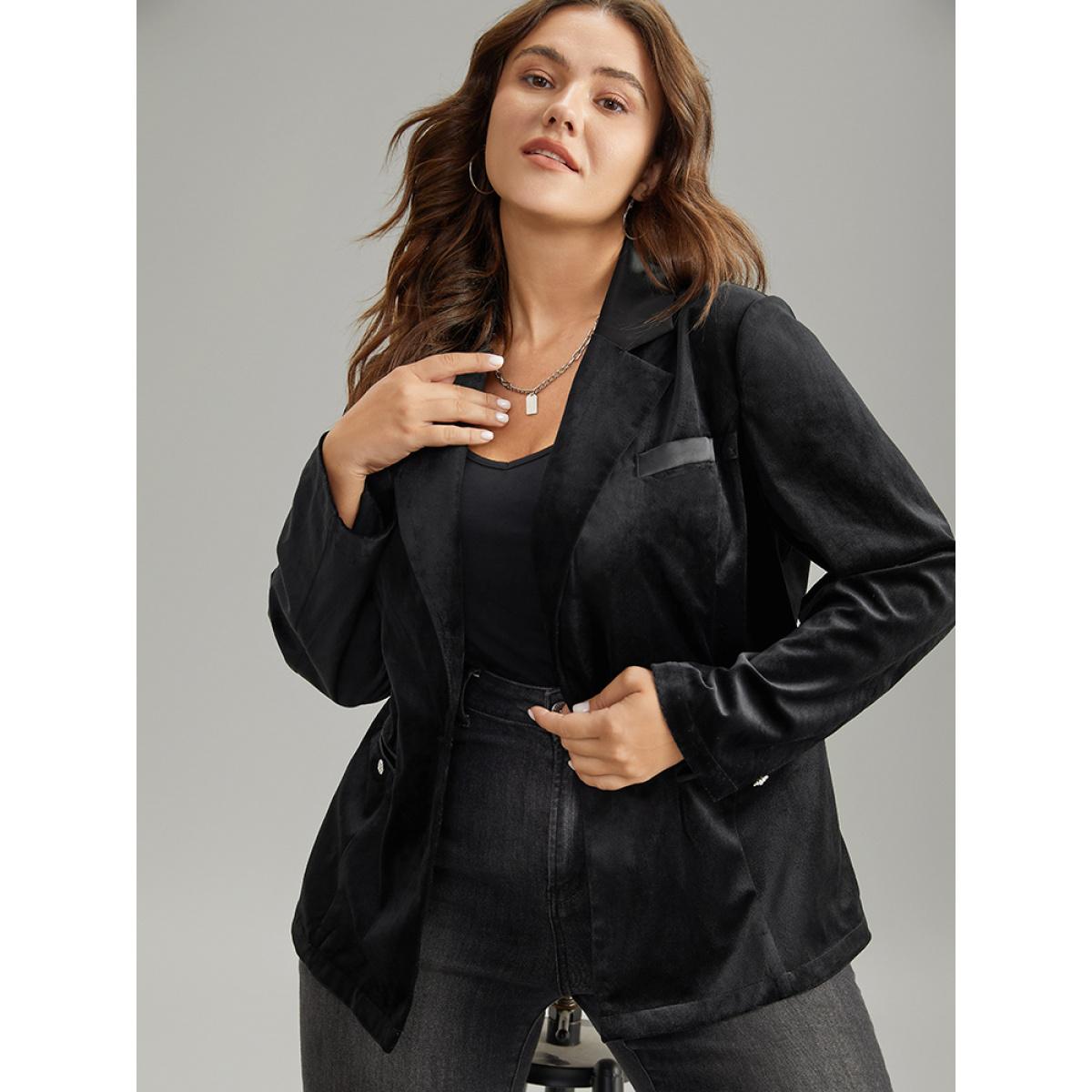 Plus Size Velvet Buckle Detail Pocket Suit Collar Blazer Black Women Dailywear Plain Plain Sleeve Long Sleeve Suit Collar 28/5X Pocket Elegant Blazers BloomChic Product Image