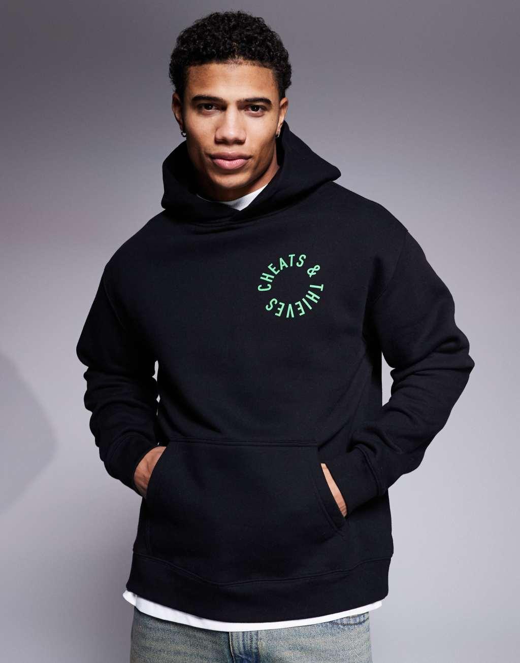 Cheats & Thieves logo back print 320gsm hoodie in black Product Image