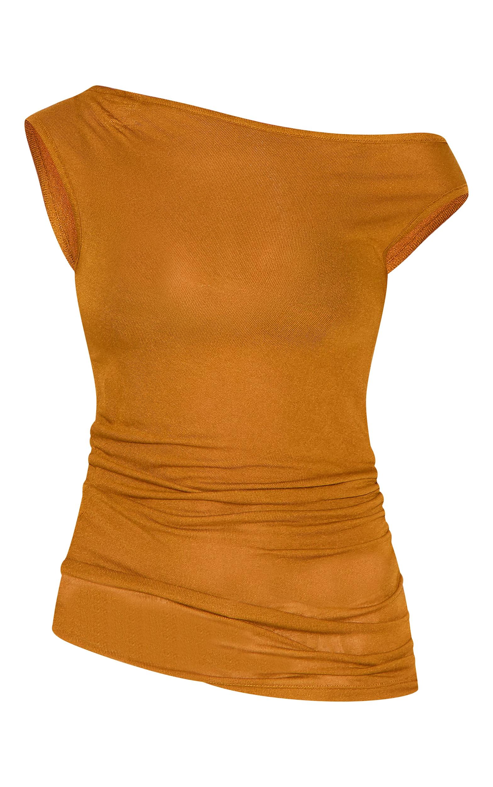  Tan Sheer Soft Touch Cowl Neck Long Vest Top Product Image
