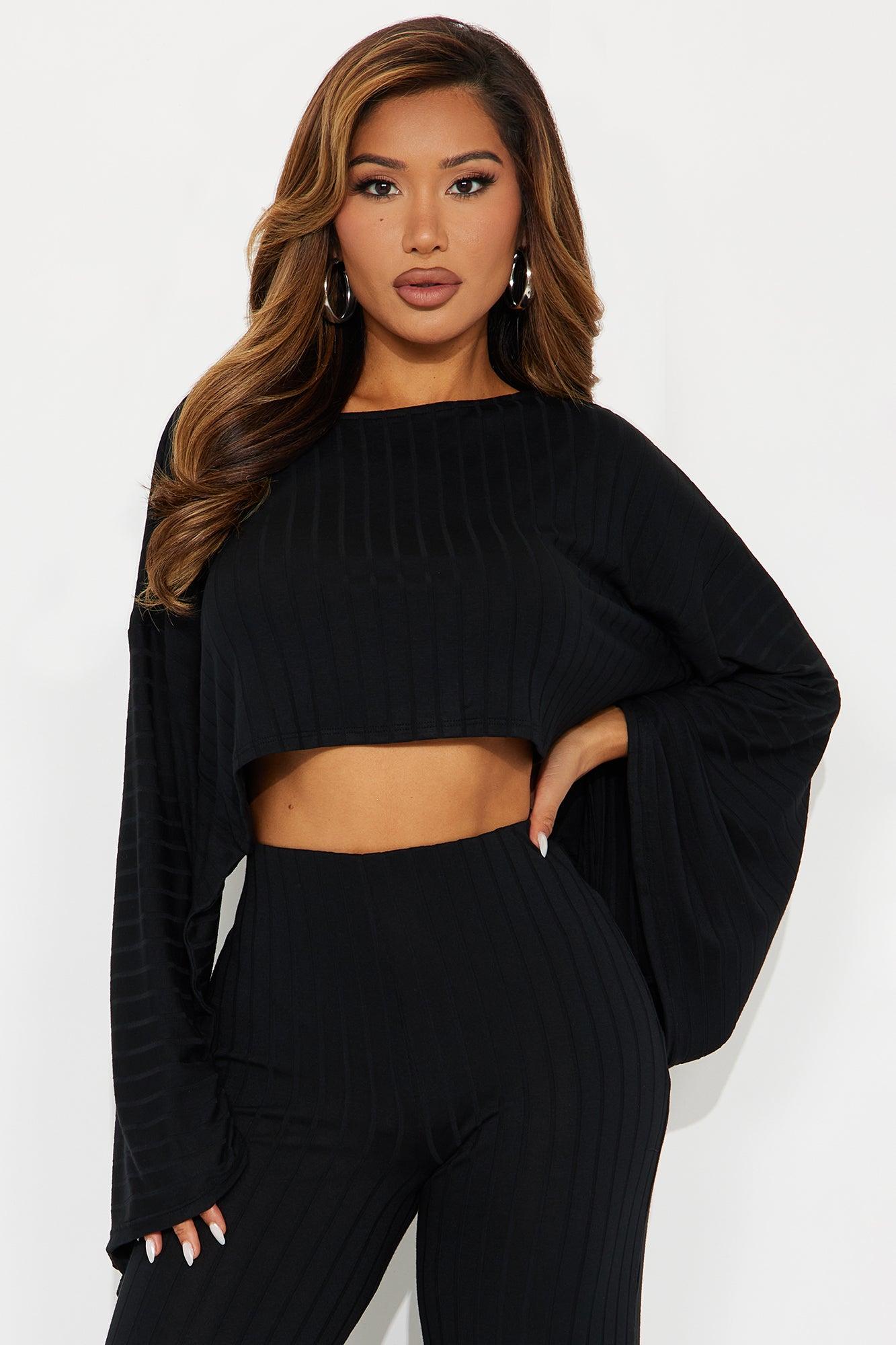 Come Find Me Ribbed Cropped Top Pant Set - Black Female Product Image